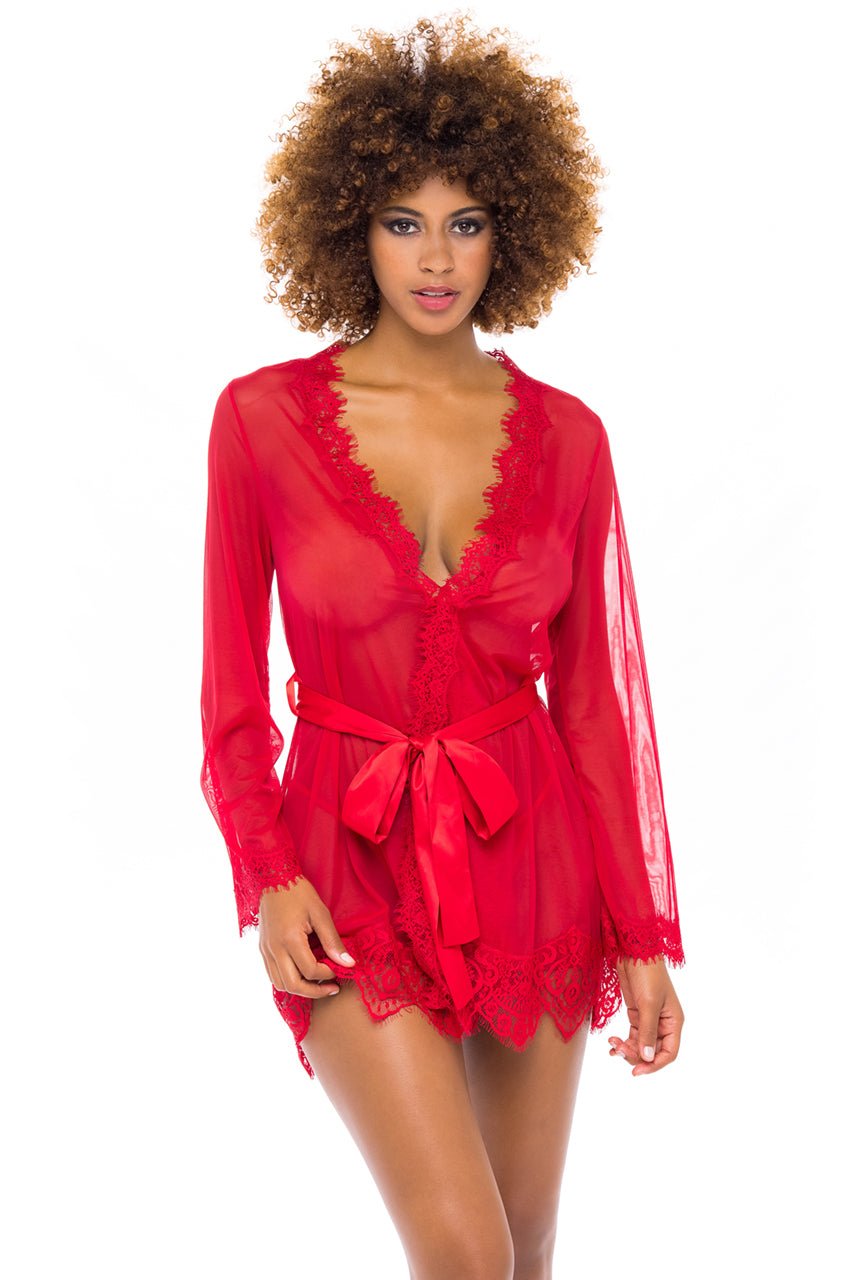 Sydney Short Robe With Long Sleeves And Satin Tie - Robe - Oh La La Cheri