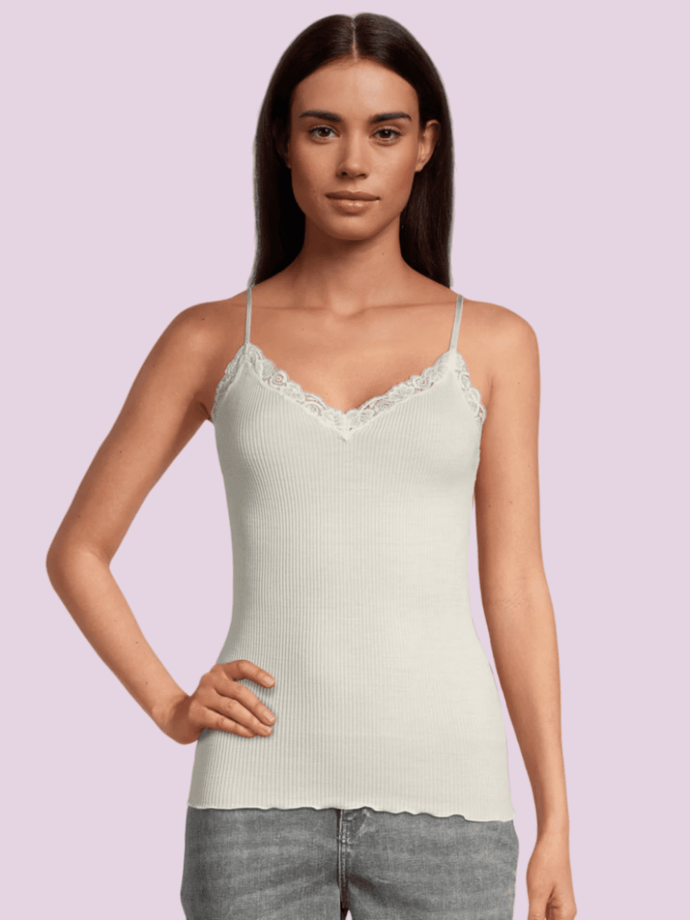 Lettuce Edge Ribbed Wool & Silk V - neck Camisole Top With Lace - Cami - Oscalito